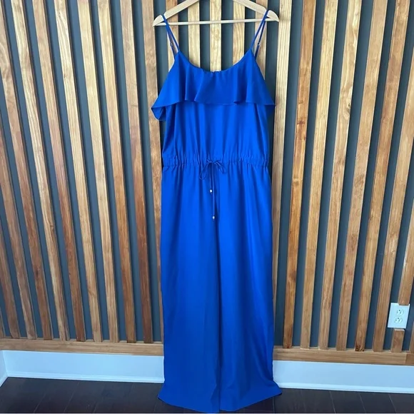 michael kors cobalt blue jumpsuit ruffle top wide leg pants size large - Picture 3 of 5